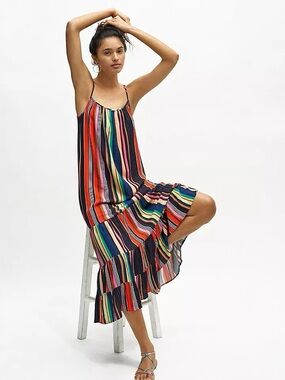 NWOT Farm Rio Anthropologie Rainbow Striped Shimmer Tiered Sleeveless Maxi Dress